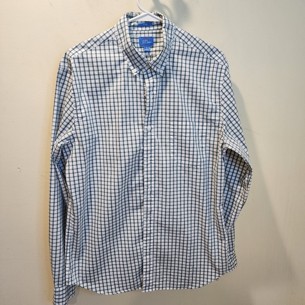 J. Crew Green  and White Checkered Button-Up Shirt Slim Shirt Sz L